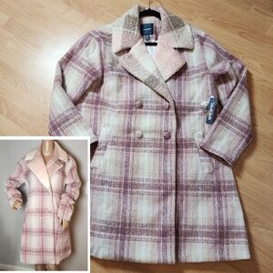 NWT Modcloth Wool Blend Pink Plaid Double Breasted Pea Coat Size XL